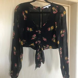 Secret Mission black floral crop long-sleeve sheer top